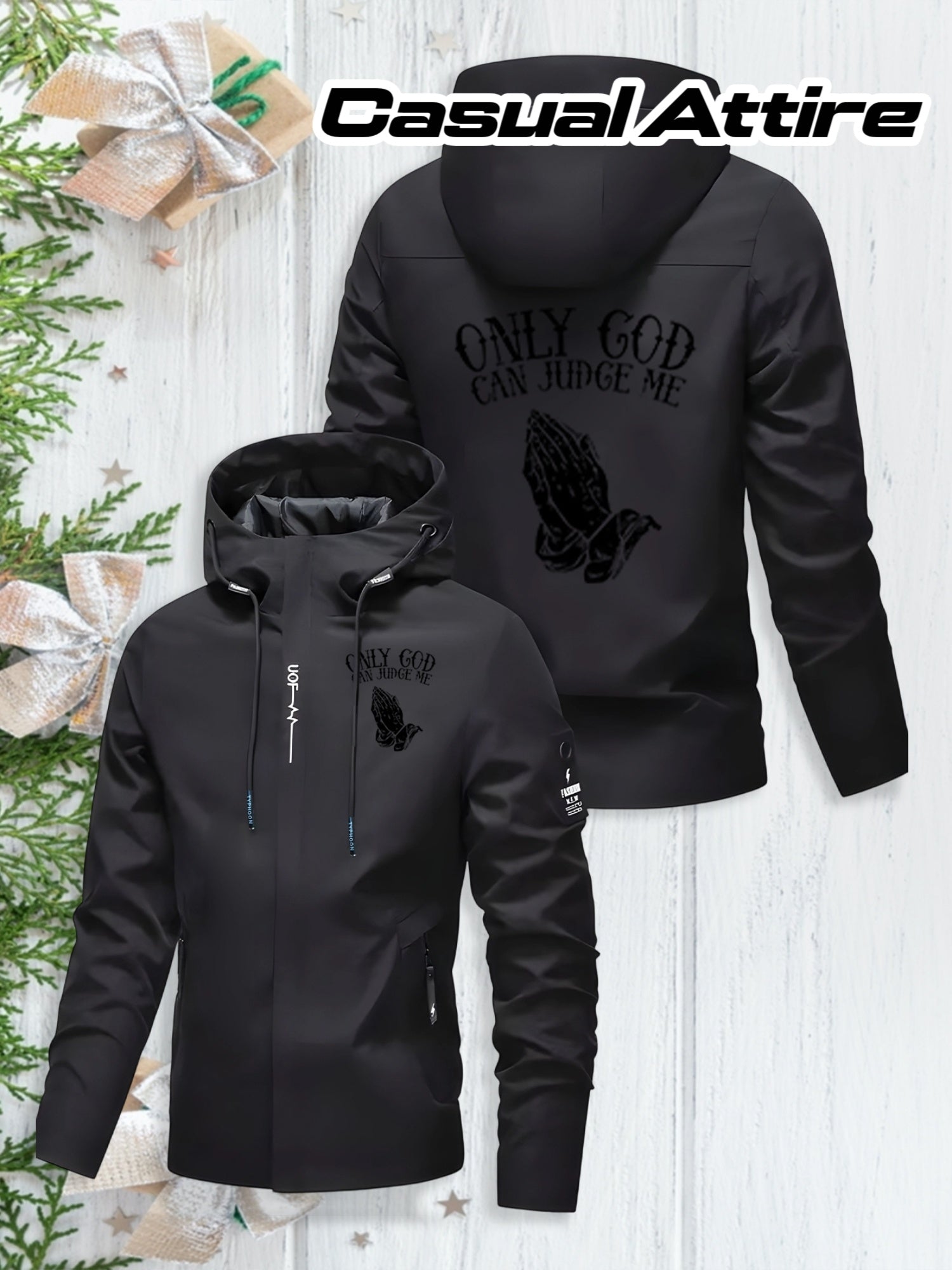 Men's Windproof Hooded Jacket with Full-Zip Closure ONLY GOD CAN JUDGE ME/Praying Hands - Heavy-Duty Winter Coat