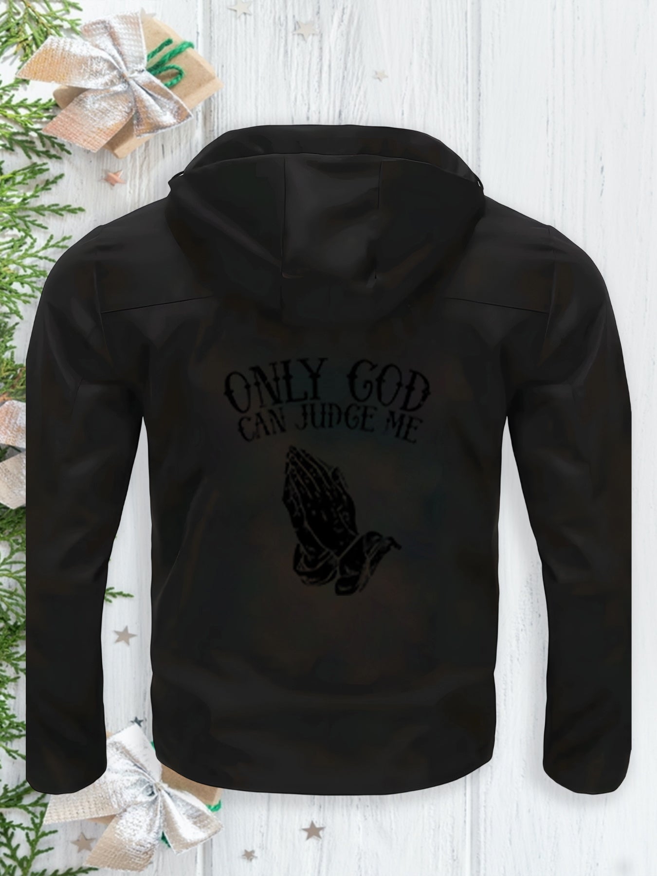 Men's Windproof Hooded Jacket with Full-Zip Closure ONLY GOD CAN JUDGE ME/Praying Hands - Heavy-Duty Winter Coat