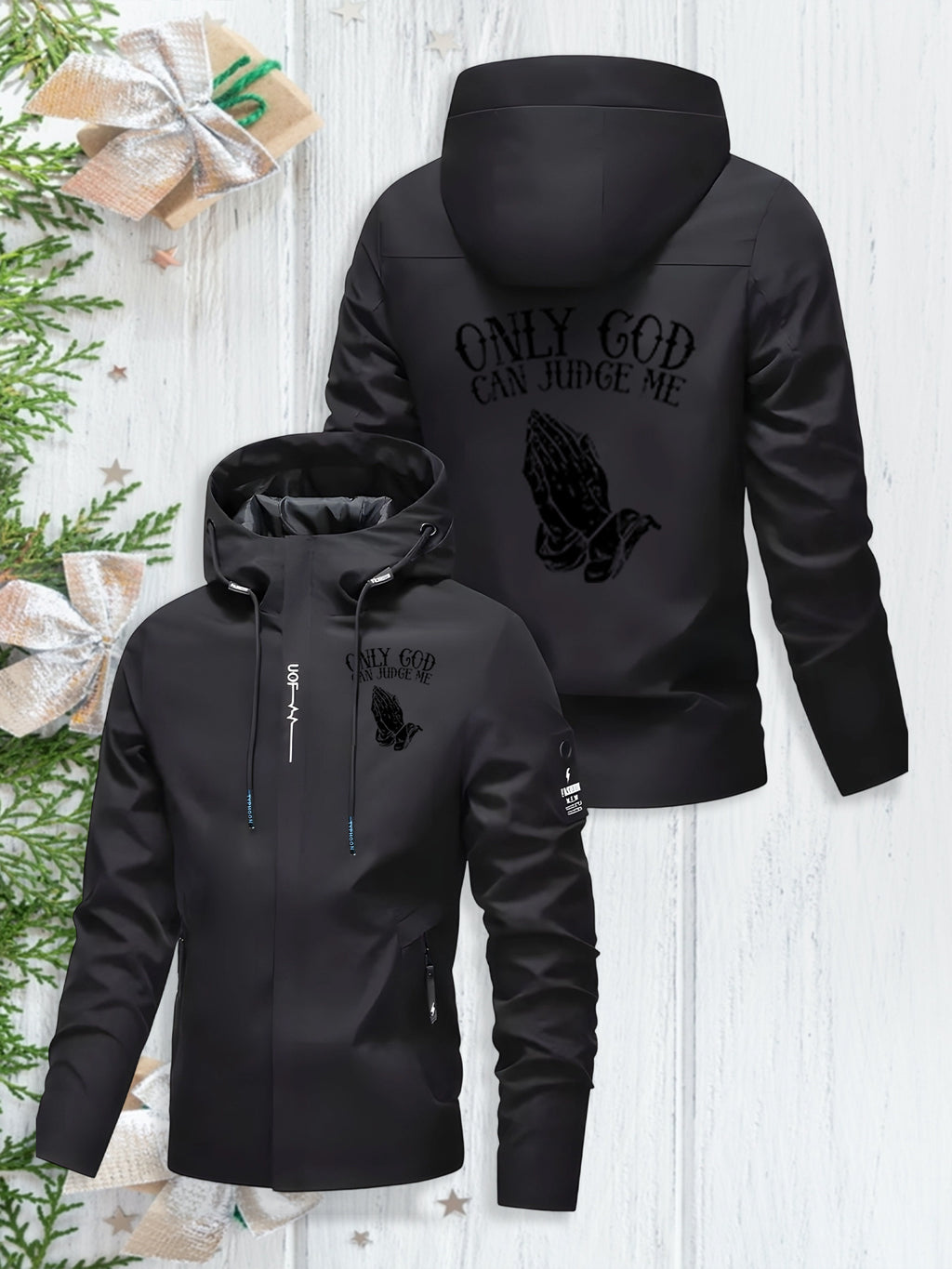 Men's Windproof Hooded Jacket with Full-Zip Closure ONLY GOD CAN JUDGE ME/Praying Hands - Heavy-Duty Winter Coat